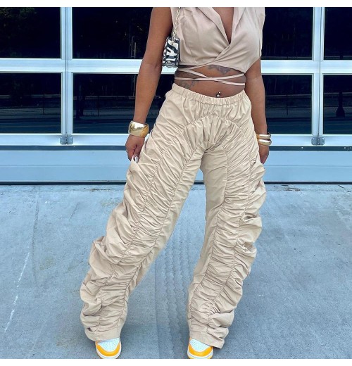 New Streetwear Spring Fall Fashion Elastic Waist Casual Sports Straight Ruffle Pleated Stacked Women'S Pants & Trousers New Streetwear Spring Fall Fashion Elastic Waist Casual Sports Straight Ruffle Pleated Stacked Women'S Pants & Trousers
