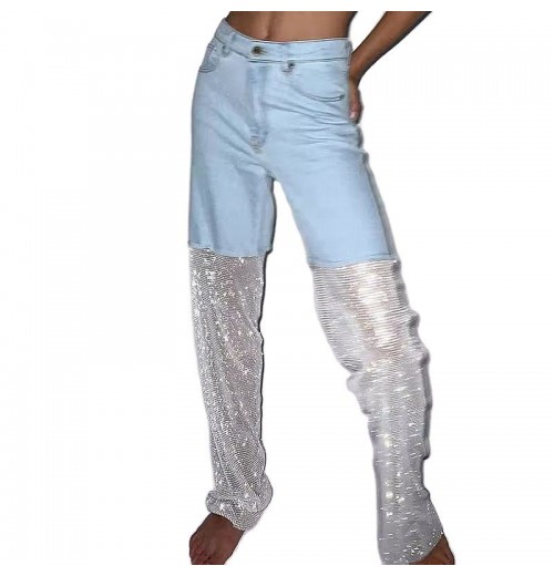 Hot Rhinestone Design Patchwork Jeans New Streetwear Rhinestone Hollow Mesh Women's Pants Trousers Hot Rhinestone Design Patchwork Jeans New Streetwear Rhinestone Hollow Mesh Women's Pants Trousers