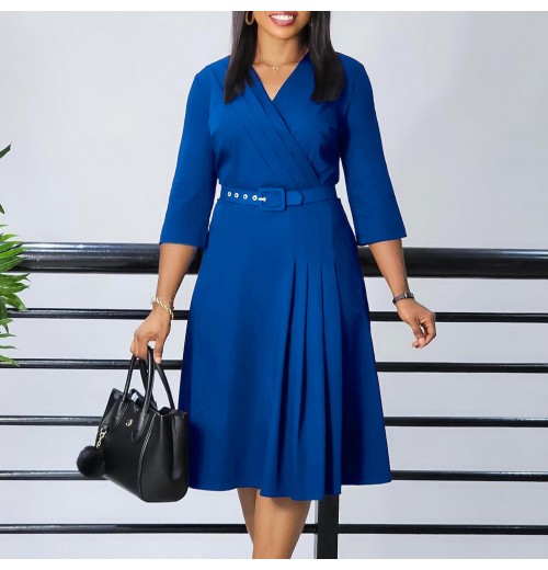 High Quality women's clothing ladies elegant temperament dresses half sleeve pleated solid color plus size casual office dress High Quality women's clothing ladies elegant temperament dresses half sleeve pleated solid color plus size casual office dress