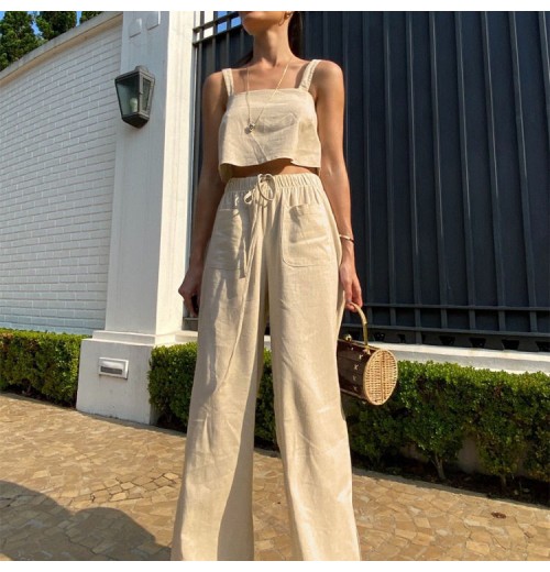 Enyami Fast Shipping Casual Clothes Women Outfits Khaki Cotton Linen Crop Top Wide Legs Trouser Women 2 Pieces Pants Sets Enyami Fast Shipping Casual Clothes Women Outfits Khaki Cotton Linen Crop Top Wide Legs Trouser Women 2 Pieces Pants Sets