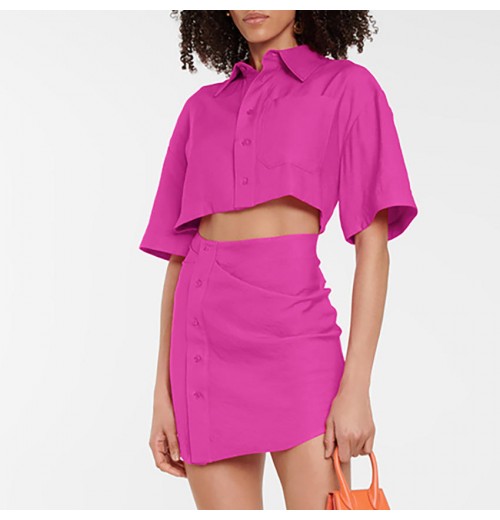 Mandy 2023 summer new cardigan shirt bag hip hollow dress short rose red short-sleeved fashion women's clothing Mandy 2023 summer new cardigan shirt bag hip hollow dress short rose red short-sleeved fashion women's clothing
