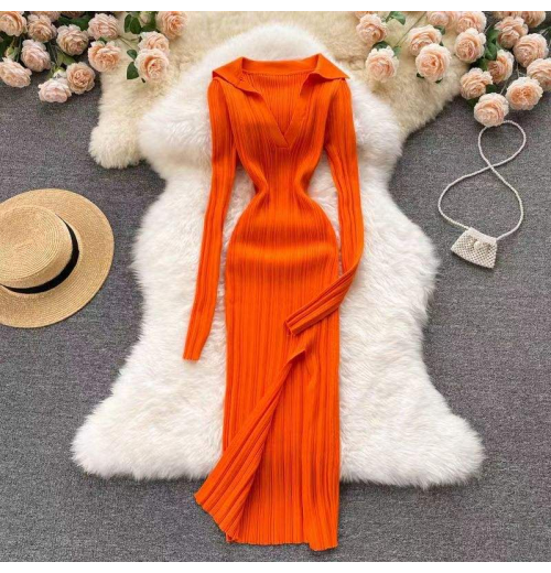 Custom split wrap knee length V-Neck casual elegant autumn ribbed pullover warm OEM women casual long knitted sweater dresses Custom split wrap knee length V-Neck casual elegant autumn ribbed pullover warm OEM women casual long knitted sweater dresses